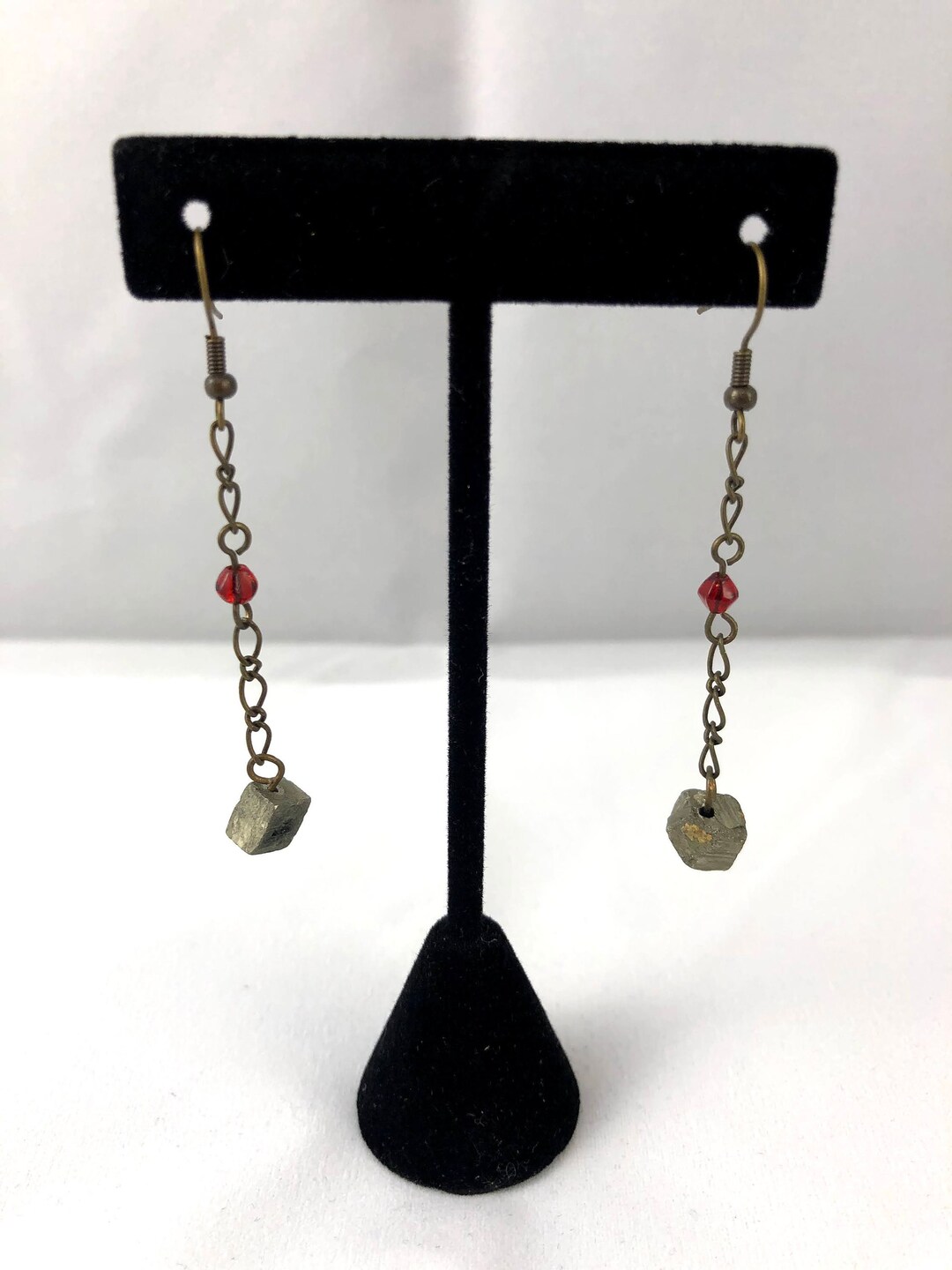 Antique Brass Pyrite and Red Glass Bead Long Chain Earrings Etsy UK