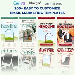 May include: Four email marketing templates with different designs. The first template features a green and white design with the text "Write a great headline". The second template features a green and white design with the text "Artiplanto Zero Hassle, Totally Tropical". The third template features a green and white design with the text "Write a great headline Your offer here Code". The fourth template features a green and white design with the text "As 98 Get your fall boots on VIP Fall Exclusive 10% off Boots10".