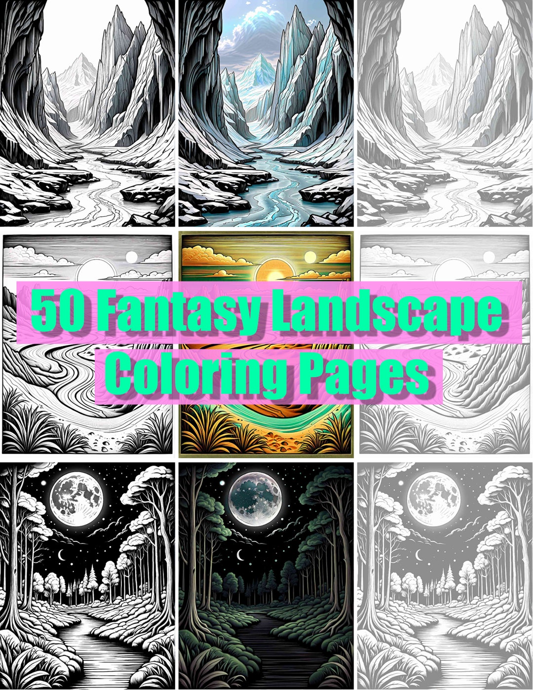 50 "fantasy Landscape" Coloring Pages - Adult Coloring Book - Instant ...