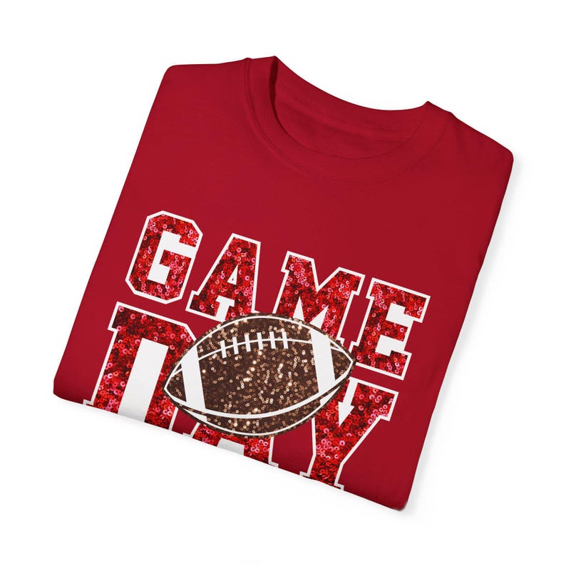 Football Game Day Red Sequin T-shirt, Comfort Colors, Unisex Tee, Sporty Gameday Shirt, Casual Game Day Top, Faux Sequin Tee image 3