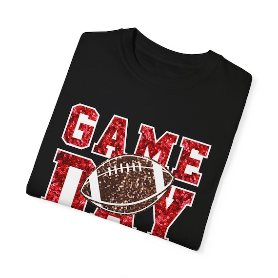 Football Game Day Red Sequin T-shirt, Comfort Colors, Unisex Tee, Sporty Gameday Shirt, Casual Game Day Top, Faux Sequin Tee