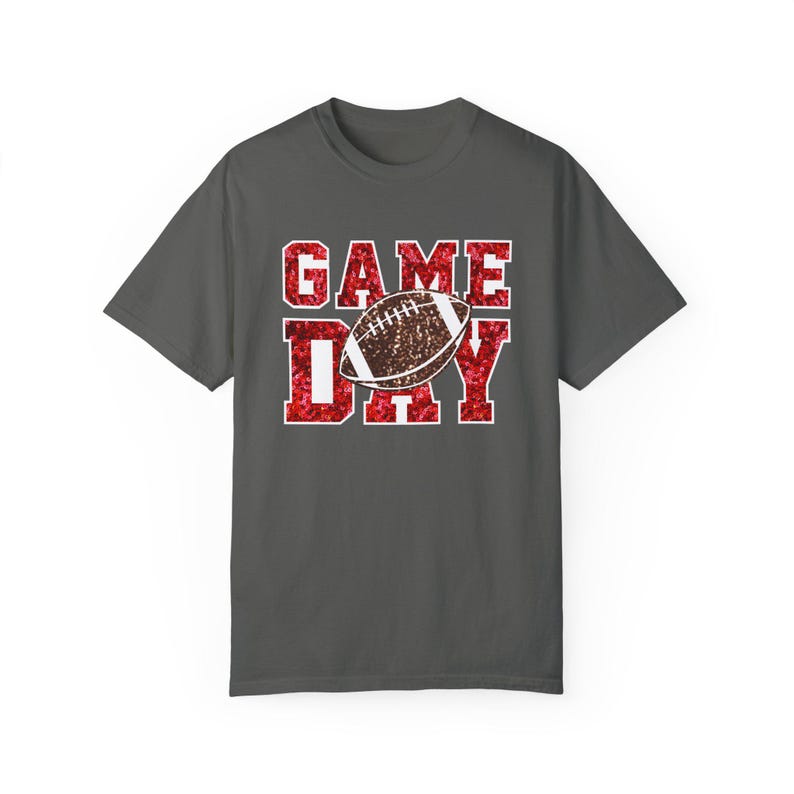 Football Game Day Red Sequin T-shirt, Comfort Colors, Unisex Tee, Sporty Gameday Shirt, Casual Game Day Top, Faux Sequin Tee image 9