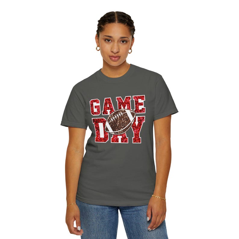 Football Game Day Red Sequin T-shirt, Comfort Colors, Unisex Tee, Sporty Gameday Shirt, Casual Game Day Top, Faux Sequin Tee image 10