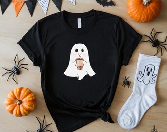 Cute Ghost Drinking Boba Tea T-Shirt, Halloween Shirt, Spooky Tee, Ghost Lover Gift, Boba Lover Top
