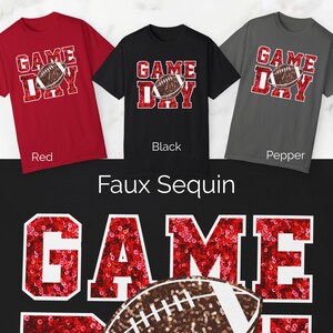 Football Game Day Red Sequin T-shirt, Comfort Colors, Unisex Tee, Sporty Gameday Shirt, Casual Game Day Top, Faux Sequin Tee image 2