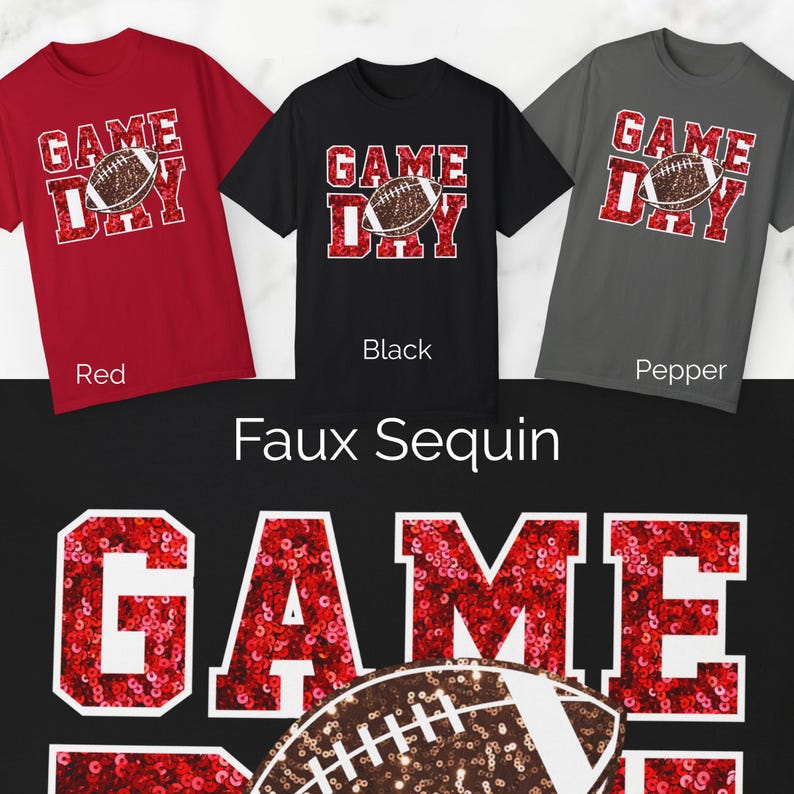 Football Game Day Red Sequin T-shirt, Comfort Colors, Unisex Tee, Sporty Gameday Shirt, Casual Game Day Top, Faux Sequin Tee image 2