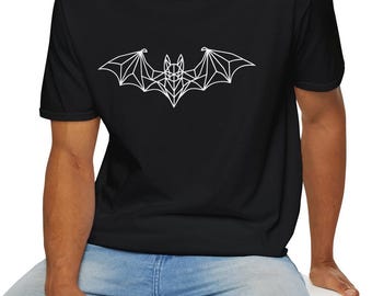 May include: A black t-shirt with a white geometric bat design.