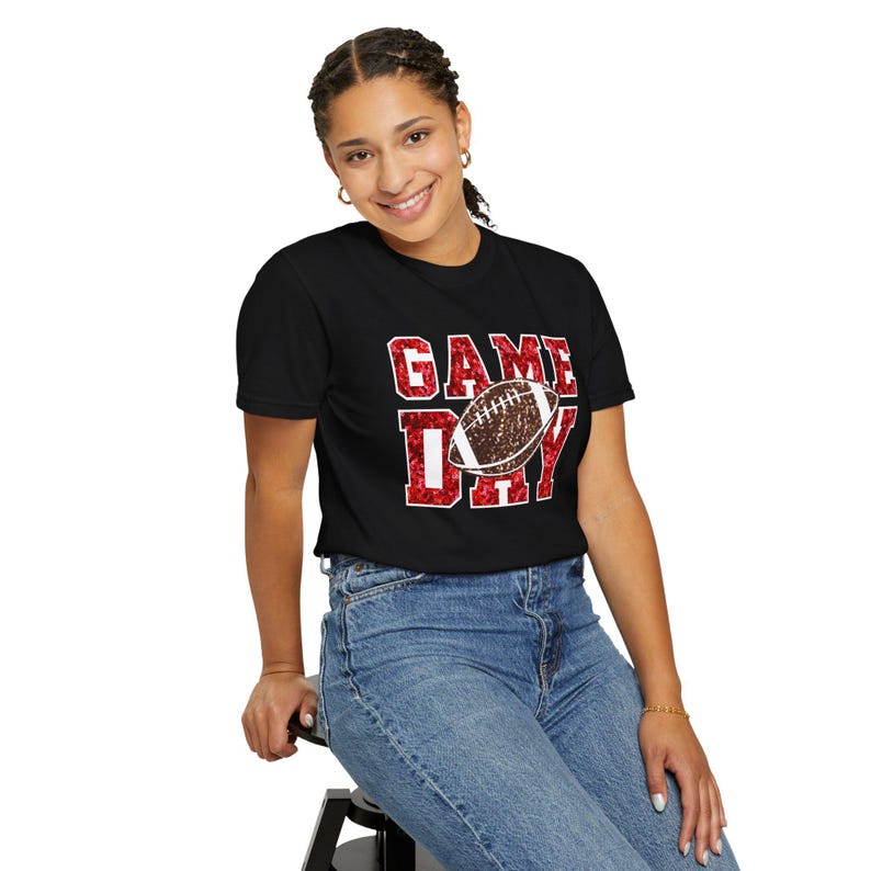 Football Game Day Red Sequin T-shirt, Comfort Colors, Unisex Tee, Sporty Gameday Shirt, Casual Game Day Top, Faux Sequin Tee image 7