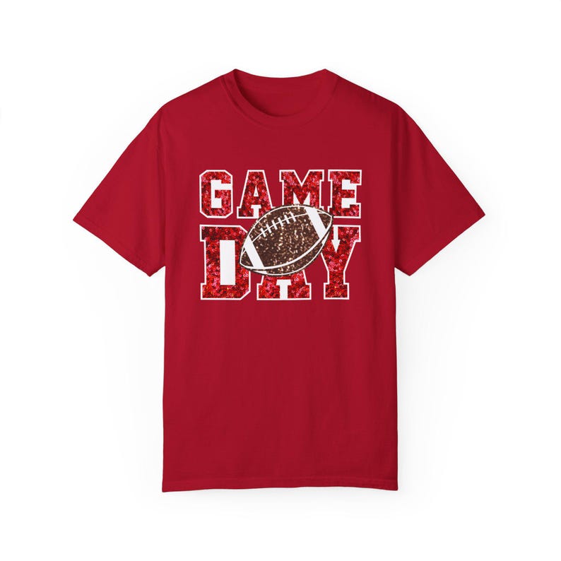 Football Game Day Red Sequin T-shirt, Comfort Colors, Unisex Tee, Sporty Gameday Shirt, Casual Game Day Top, Faux Sequin Tee image 4