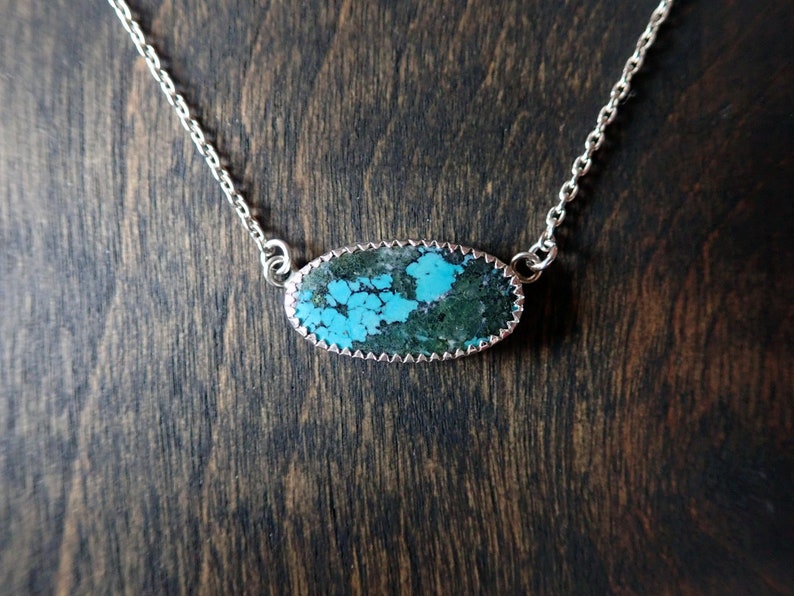 Long Oval Tibet Turquoise Gemstone Pendant Necklace Made from Recycled Sterling Silver