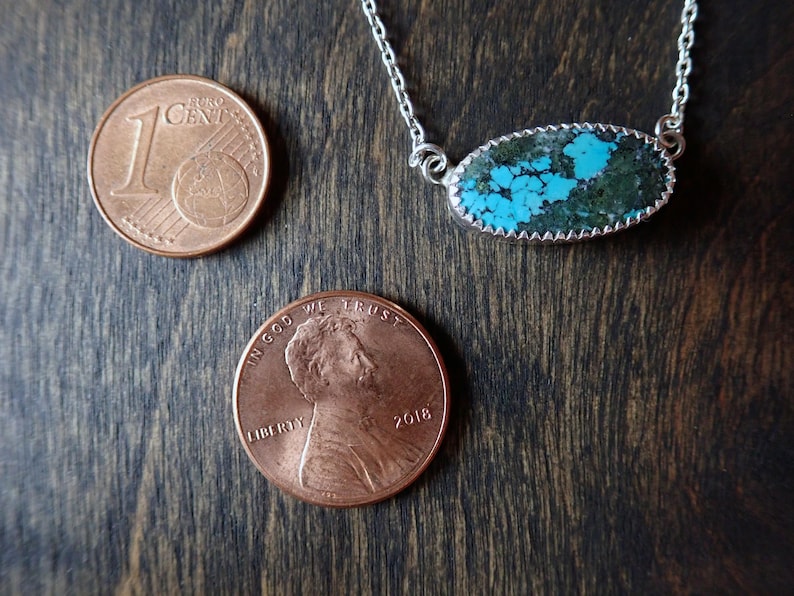 Long Oval Tibet Turquoise Gemstone Pendant Necklace Made from Recycled Sterling Silver