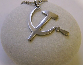 Hammer and sickle stainless steel pendant on ball chain mens or womens necklace