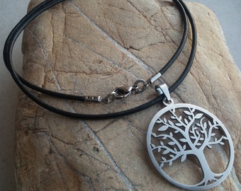 Tree of Life - stainless steel pendant on waterproof black rubber necklace women's sacred geometry jewelry