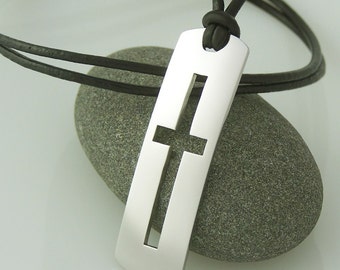 Cross - stainless steel pendant on natural leather cord mens or womens necklace.