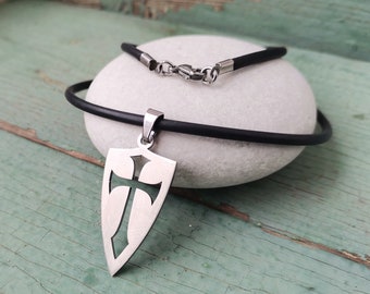 Templar, Crusader, Medieval Knight Shield with Cross - stainless steel pendant on waterproof black rubber necklace men's  jewelry