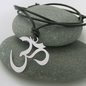 OM / Aum / Ohm - stainless steel pendant on natural leather cord mens or womens mantra necklace.