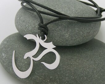 OM / Aum / Ohm - stainless steel pendant on natural leather cord mens or womens mantra necklace.