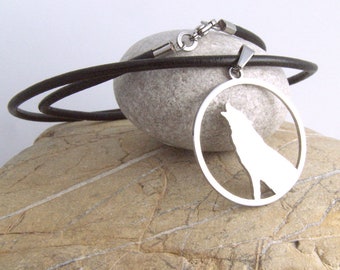 Lonely wolf - stainless steel pendant on waterproof rubber necklace men's or women's tribal art jewelry