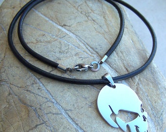 Skull - stainless steel pendant on waterproof rubber necklace men's or women's tribal art jewelry