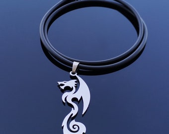 Dragon - stainless steel pendant on waterproof rubber necklace men's or women's tribal art jewelry