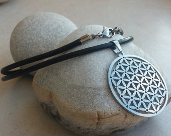 Flower of Life - stainless steel pendant on waterproof black rubber necklace mens or womens sacred geometry jewelry