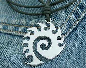 Zerg - stainless steel round pendant on natural leather cord  mens or womens necklace.