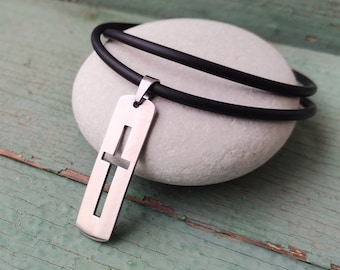 Cross - stainless steel pendant on waterproof black rubber necklace men's or women's jewelry