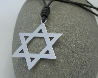 Star of David or hexagram  - stainless steel pendant on natural leather cord mens or womens necklace.