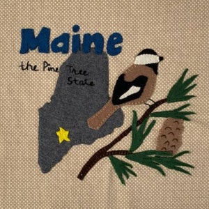 May include: A felt appliqué of the state of Maine, with the words "Maine, the Pine Tree State" and a small yellow star. A brown bird with black and white markings sits on a green branch with a brown pine cone.