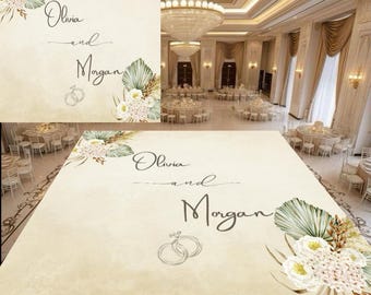Può includere: Una pista da ballo per matrimoni color crema con i nomi "Olivia and Morgan" in elegante scrittura, adornata da motivi floreali e verdi. Sono presenti anche due anelli intrecciati. Lo sfondo mostra una sala da ballo con tavoli e sedie.