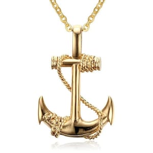 Twisted Gold Nautical Anchor Pendant Necklace -Stainless Steel Chain for Men & Women