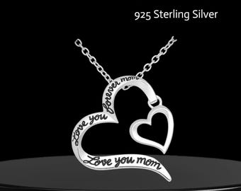 Collar con colgante de corazón de plata de ley y grabado "Te quiero, mamá".