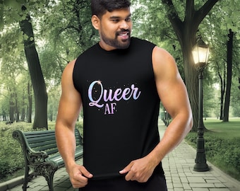 Queer AF Muscle Shirt: Pastel Rainbow Pride Tank Top