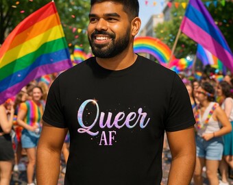 Queer AF T-Shirt: Pastel Rainbow Glitter LGBTQIA+ Pride Tee