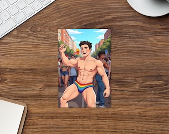 Pride Greeting Card – Gay Pride Card with Sexy Rainbow Boy – LGBTQ+ Queer Celebration, Funny Gay Stationery – Happy Pride Card