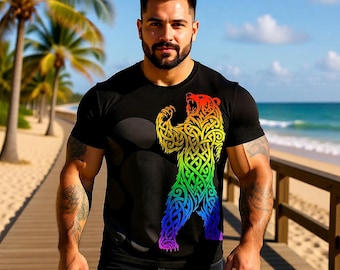 Rainbow Bear Pride Shirt – Celtic Knot Grizzly All-Over Print Oversized Tee | Gay Bear LGBTQ Apparel | Pride Gift for Bears & Bear Lovers