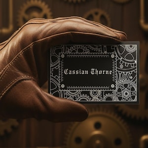 May include: A black business card with the name "Cassian Thorne" in white, framed by a white gear design. The card is held by a brown leather glove, set against a backdrop of wooden panels and gears.