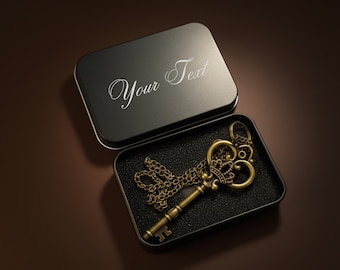 Steampunk Skeleton Key Necklace: Antique Bronze Victorian Pendant, Engraved Gift Box