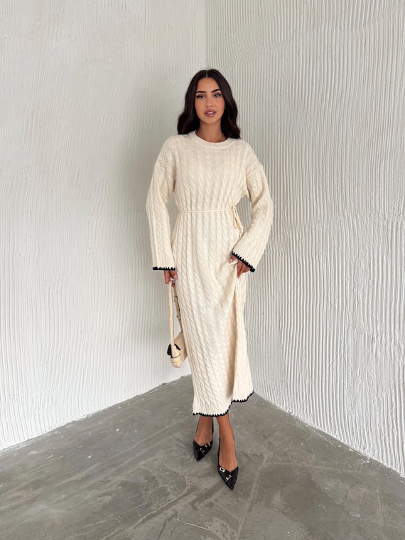 Women's Maxi Cable Knit Dress Solid Color Maxi Winter Dress