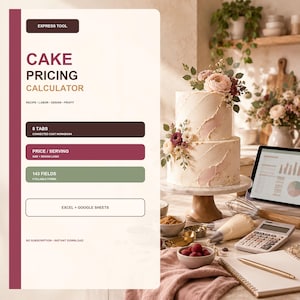 Puede incluir: Una plantilla digital de calculadora de precios de pasteles con el texto Express Tool, Cake Pricing Calculator, 8 Tabs, Price/Serving, 143 Fields y Excel + Google Sheets. El diseño incluye un pastel de dos niveles con decoraciones florales.