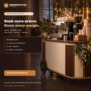 Puede incluir: Un anuncio de producto digital para el software de gestión de carritos de café móviles Brewroute Pro. El gráfico incluye texto como Book more events, Know every margin e Instant digital download, junto a un carrito.