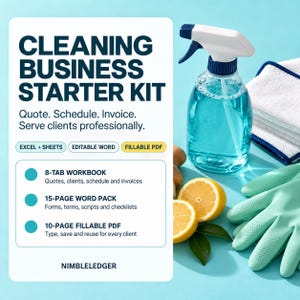 Puede incluir: Un kit de inicio para empresas de limpieza digital con el texto Cleaning Business Starter Kit, Quote. Schedule. Invoice. Serve clients professionally. Incluye un libro de trabajo de 8 pestañas, un paquete de Word de 15 páginas y un PDF rellenable.