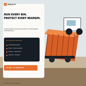 Puede incluir: Un anuncio digital para el software BinRoute Pro con el texto RUN EVERY BIN. PROTECT EVERY MARGIN. Enumera funciones como disponibilidad de contenedores y rutas, junto a una ilustración de un contenedor de basura naranja.