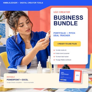 Puede incluir: Un paquete de negocios para creadores de contenido UGC que incluye un kit de medios de 14 diapositivas, una propuesta de marca de 8 diapositivas, un rastreador de acuerdos de 10 hojas y un libro de trabajo rellenable de 10 páginas.