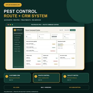 Puede incluir: Una interfaz digital para un sistema de CRM y rutas de control de plagas en una pantalla. El panel muestra un centro de comando de rutas con datos sobre cuentas, visitas de servicio, ingresos y salud operativa.