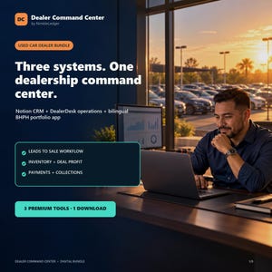 May include: A digital product advertisement for Dealer Command Center by NimbleLedger, a used car dealer bundle. The text reads: Three systems. One dealership command center. Notion CRM + DealerDesk operations + bilingual BHPH portfolio app.