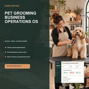 Puede incluir: Un sistema de gestión empresarial digital titulado PAWFLOW PRO PET GROOMING BUSINESS OPERATIONS OS para Notion, Excel y Google Sheets. Incluye funciones para clientes, mascotas, citas, planes de aseo, personal e inventario en 36 páginas.