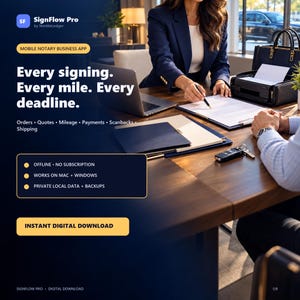 Może przedstawiać: Reklama cyfrowego pobrania aplikacji dla notariuszy mobilnych SignFlow Pro. Tekst brzmi: Every signing. Every mile. Every deadline. Orders, Quotes, Mileage, Payments, Scanbacks, Shipping. Offline, no subscription, works on Mac + Windows.