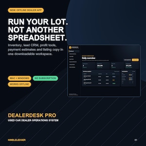 May include: DealerDesk Pro software interface for used car dealers. The dark-themed dashboard displays inventory, lead CRM, and profit tools. Text includes: RUN YOUR LOT. NOT ANOTHER SPREADSHEET. MAC + WINDOWS, NO SUBSCRIPTION, WORKS OFFLINE.