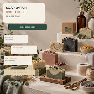 Puede incluir: Una herramienta de precios digital para fabricantes de jabón titulada SOAP BATCH COST + CURE, con cuadros de texto para Excel + Google Sheets, ingredientes, costo real del lote y fechas de curado. La imagen muestra jabones artesanales y plantas.
